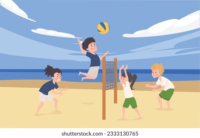 Happy kids playing volleyball on beach scene flat style, vector illustration. Sport and hobby, active leisure outdoor, smiling children, fun and recreation