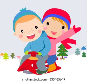 happy kids playing in winter