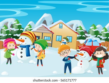 Happy kids playing in winter illustration