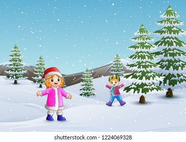 Happy kids playing in winter landscape