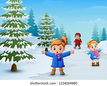 Happy kids playing in winter landscape