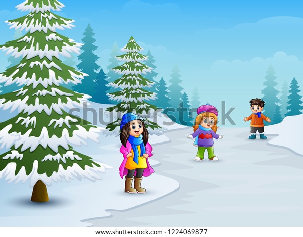 Happy Kids Playing Winter Landscape Stock Vector Royalty Free