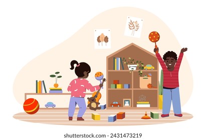 Happy kids in playroom. Boy and girl plays with toys indoor. Children with balls, cubes and maracases. Leisure and rest. Cartoon flat vector illustration isolated on white background