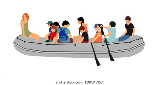 Happy kids rafting with rubber boat vector. Children beach fun. Girls and boys enjoying rowing on river on inflatable boat. Friends paddling. Nice childhood. Young crew outdoor relaxing. Summer active