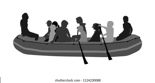 Happy kids rafting with rubber boat vector silhouette. Children beach fun. Girls and boys enjoying rowing on river on inflatable boat. Friends paddling. Childhood. Crew outdoor relaxing. Summer active
