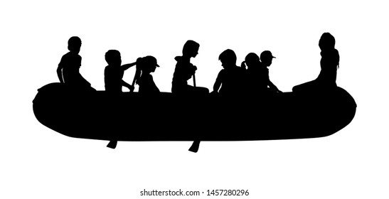 Happy kids rafting with rubber boat vector silhouette. Children, girls and boys enjoying rowing on river on inflatable boat. Summer time activity on beach.