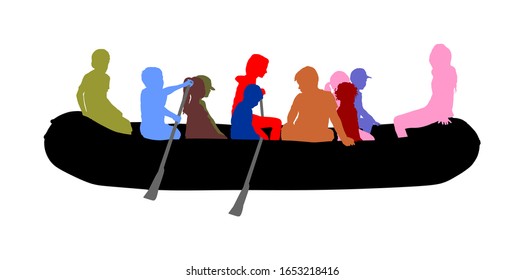 Happy kids rafting with rubber boat vector silhouette. Children, girls and boys enjoying rowing on river on inflatable boat. Summer time activity on beach.