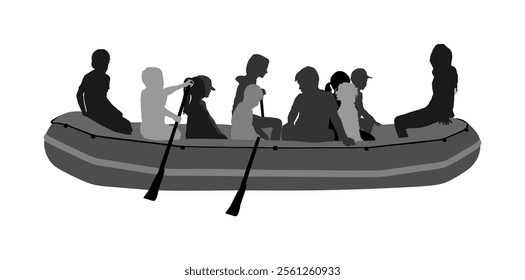 Happy kids rafting with rubber boat vector silhouette. Children beach fun. Girls and boys enjoying rowing on river on inflatable boat. Friends paddling. Childhood. Crew outdoor relaxing. Summer active