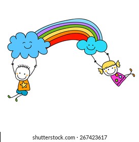 happy kids with rainbow