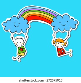 happy kids with rainbow