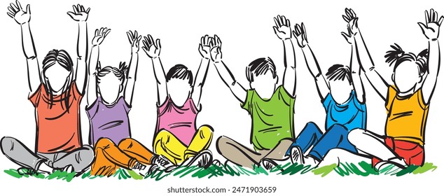 happy kids raising arms joyful group vector illustration