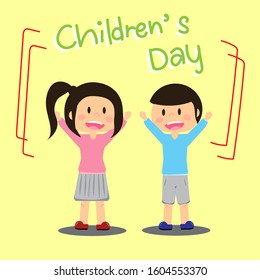 Happy kids raising both hand character. Children's Day cartoon vector.