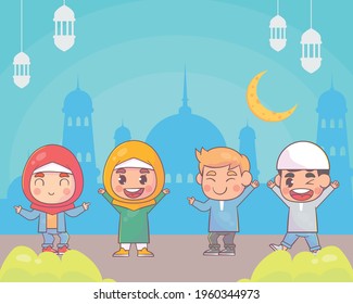 Happy kids ramadan kareem islamic cartoon Premium Vector
