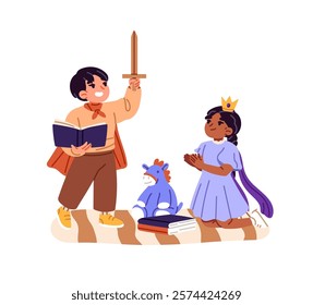 Happy kids read book, imagine together. Cute children have fun with fairy tale and games. Little friends, siblings play in dreams from storybook. Flat isolated vector illustration on white background