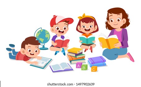 happy kids read book and study together with teacher