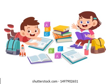 Happy kids read book and study together.