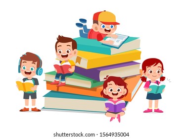 Happy kids read book and study together vector