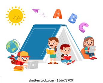 Happy kids read book and study together vector