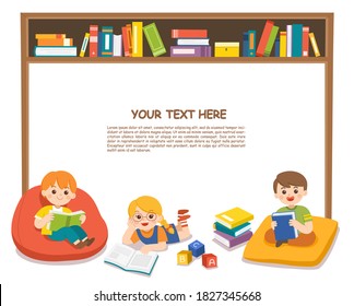 Happy kids read book and study together with multi colored bookshelf in library. Template for advertising brochure.