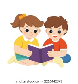 Happy kids read book and study together. Kids reading at book sitting on the floor.