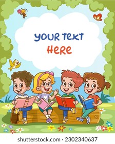 Happy kids read book and study together vector