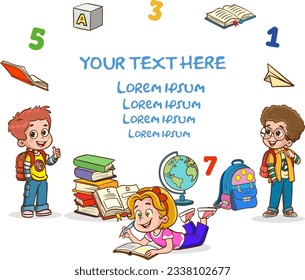 Happy kids read book and study together.Happy Kids Studying And Learning.kid education vector illustration design