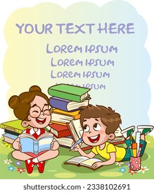 Happy kids read book and study together.Happy Kids Studying And Learning.kid education vector illustration design