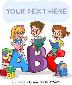 Happy kids read book and study together.Happy Kids Studying And Learning.kid education vector illustration design