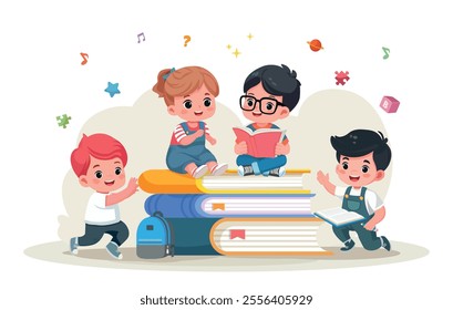 Happy kids read book and study together