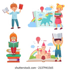 Happy kids read books. Girl sitting on stacks of books dreaming about kingdom, imagining fictional unicorn. Pupils reading literature with medieval legends. Royal castle vector illustration