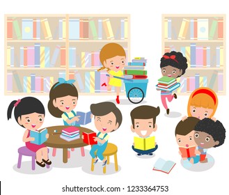 Happy Kids Reading Book Library Cute Stock Vector (Royalty Free ...