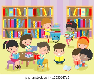 Happy Kids Reading Book Library Cute Stock Vector (Royalty Free ...