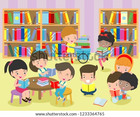 Happy Kids Reading Book Library Cute Stock Vector (Royalty Free ...