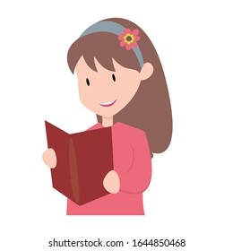 Happy Kids reading book. Teenager girl reading a book, vector flat style cartoon illustration