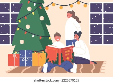 Happy Kids Reading Fairy Tale Stories at Christmas Eve. Happy Boys and Girls Characters Sitting at Decorated Fir Tree with Book Enjoying Cozy Xmas Night. Cartoon People Vector Illustration