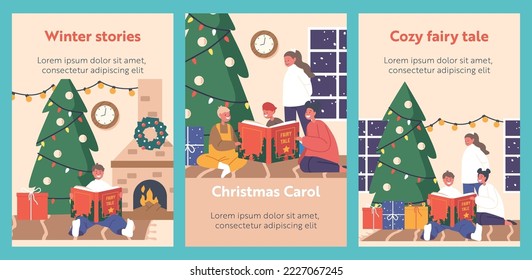 Happy Kids Reading Fairy Tale Stories at Christmas Eve. Happy Boys and Girls Characters Sitting at Fire Place and Decorated Fir Tree with Book Enjoying Xmas Night. Cartoon People Vector Illustration