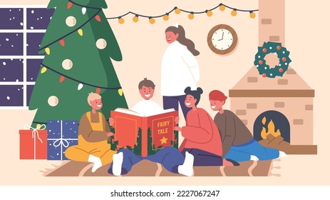 Happy Kids Reading Fairy Tale Stories at Christmas Eve. Happy Boys and Girls Characters Sitting at Fire Place and Decorated Fir Tree with Book Enjoying Xmas Night. Cartoon People Vector Illustration