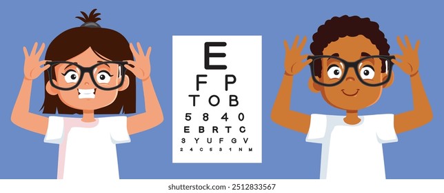 
Happy Kids Ready for Eyesight Examination Vector Cartoon Design. Cheerful children having their eye vision checked 
