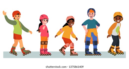 Happy kids ride roller skates. Active pastime. Vector illustration