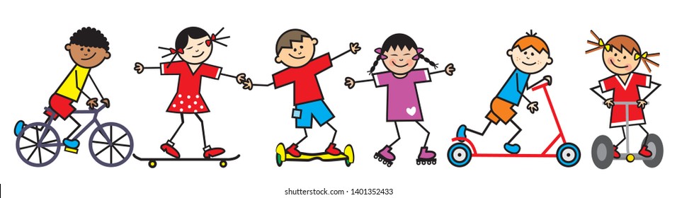 Happy kids, riders, funny vector illustration.  Group of children on different means of transport.