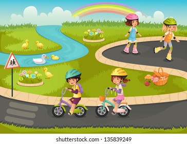 Happy kids riding bikes and roller skates in the park.