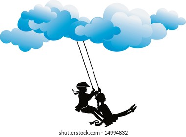 Happy kids riding in the clouds