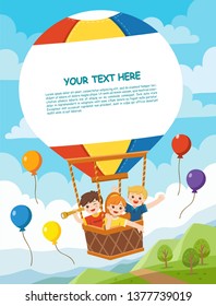 Happy Kids riding hot air balloon. Vector illustration. Template for advertising brochure. Ready for your message.