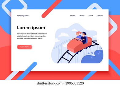 Happy kids riding on high rollercoaster flat vector illustration. Cartoon children having fun, laughing and screaming in amusement park. Childhood and entertainment concept