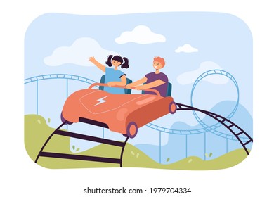 Happy Kids Riding On Rollercoaster. Flat Vector Illustration. Boy And Girl Sitting In Car, Riding High On Roller Coaster. Entertainment, Childhood, Amusement, Park, Fun Concept For Banner Design