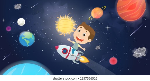 happy kids riding a spaceship