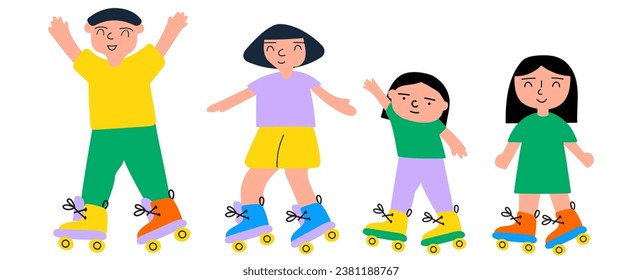 Happy kids roller skating. Flat design. Vector hand drawn illustration on white background.