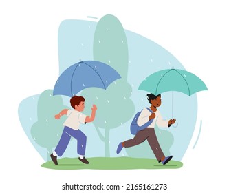 Happy Kids Run under Umbrella, Caucasian and African Boys Characters with Backpacks Walking at Rainy Weather. Autumn or Spring Monsoon Season, Children Outdoors Fun. Cartoon People Vector Illustration