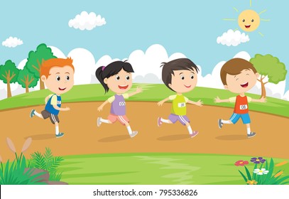 happy kids running marathon together in the park