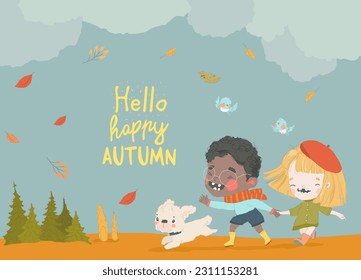 Niños felices corriendo en el prado de otoño con perro adorable